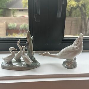 Lladró NAO- Pair of White and Soft Green Porcelain Duck Family Figurines